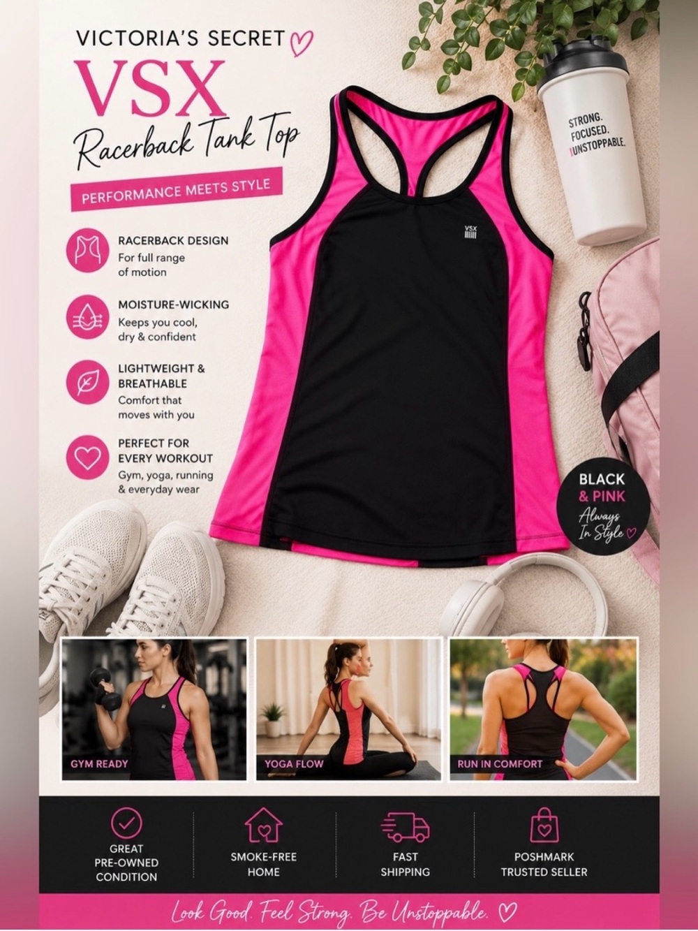 Victoria's Secret VSX Black and Hot Pink Racerback Tank Top